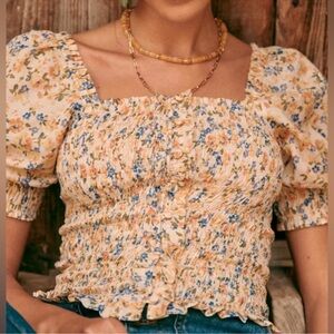 Sezane Floral Smocked Crop Top - Cream and Blue